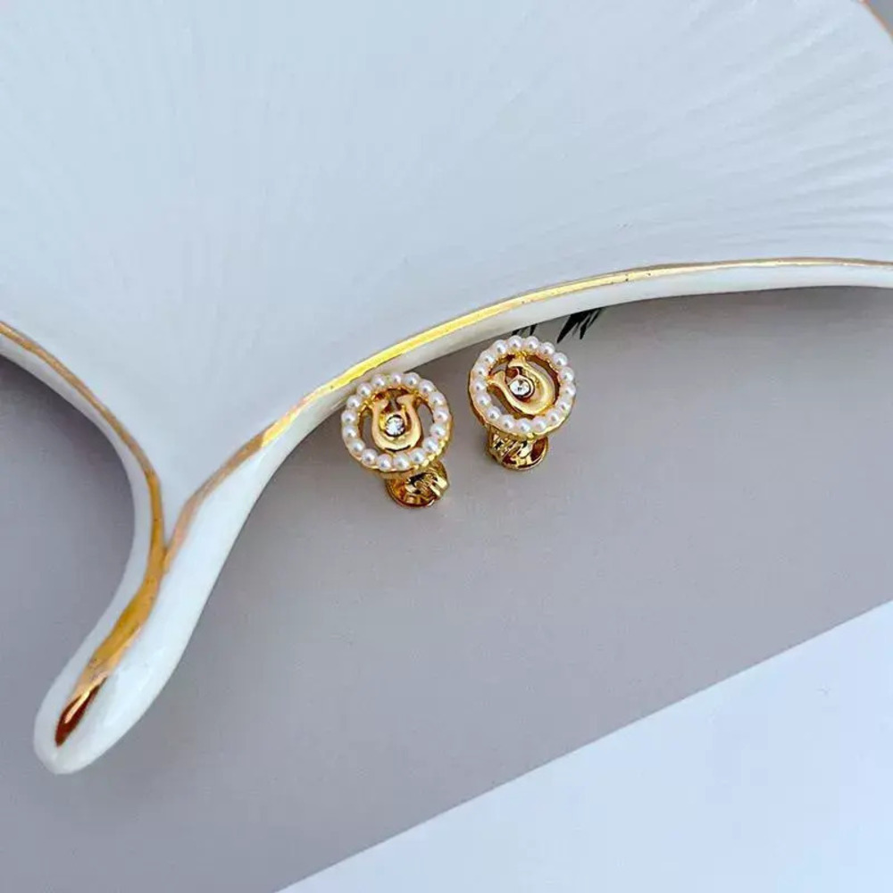 Coach Rice Pearl Crystal Round Letter Stud Earrings